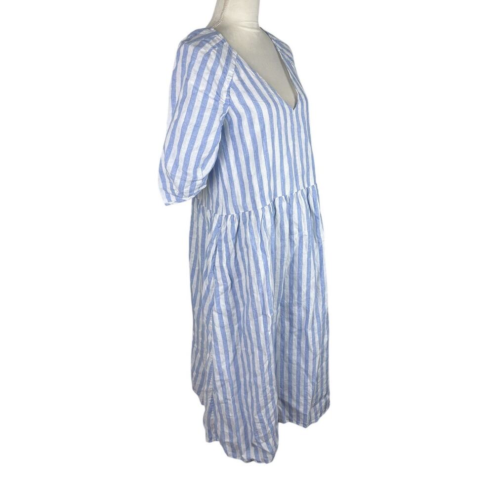 Everlane The Linen Oversized Puff Sleeve Midi Dress Striped Blue V-Neck Size XS - Picture 6 of 11